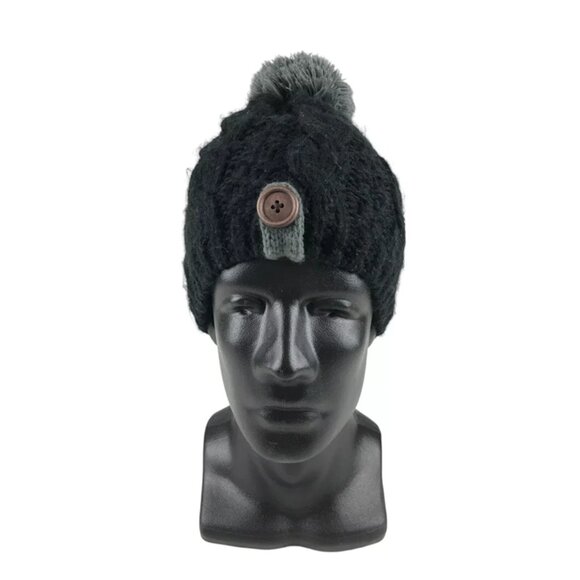 Moon Shadow Womens Black Gray 100% Acrylic Pom Top Knitted Beanie Hat One Size - Picture 1 of 11